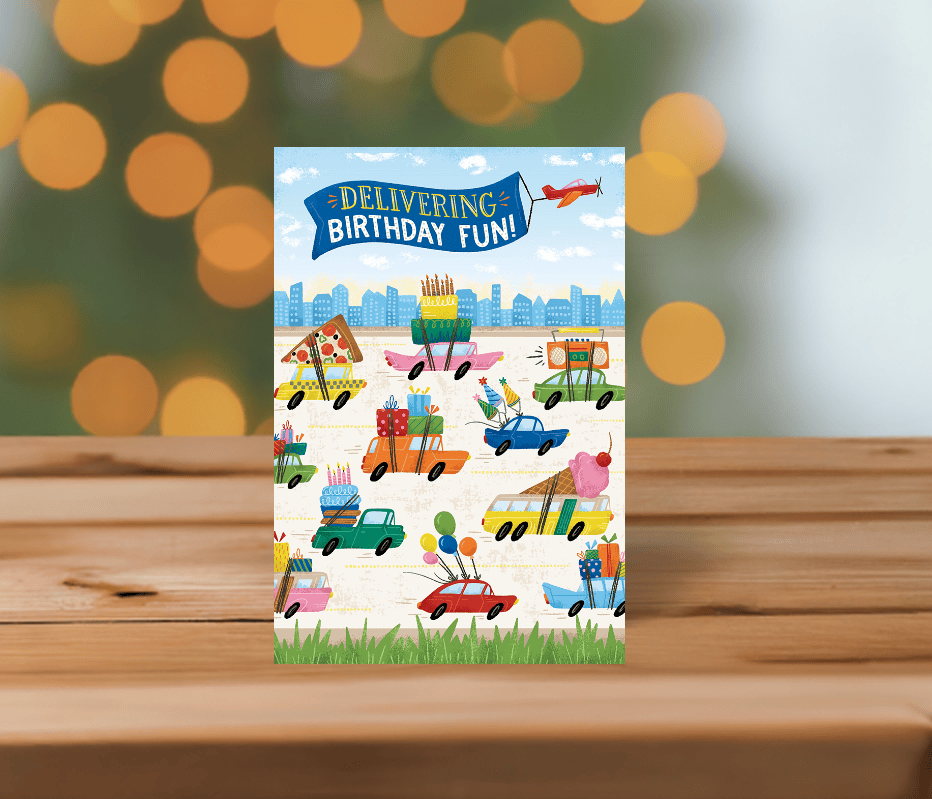 Colorful racing cars birthday card for son by Pictura, featuring vibrant racing car illustrations on a cheerful background.