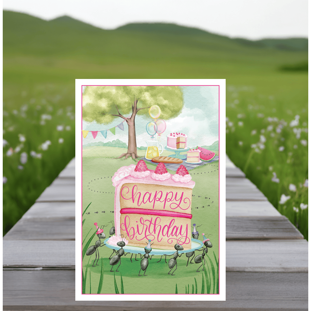Colorful picnic-themed birthday card from Pictura featuring cheerful illustrations, perfect for celebrating special occasions.