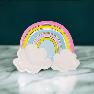 Colorful rainbow plates with cloud designs from Party Partners, perfect for kids' parties and celebrations.