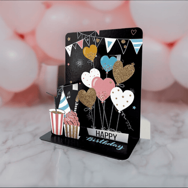 Pictura Heart Balloons Small Pop-up Card showing colorful heart-shaped balloons emerging from a greeting card.