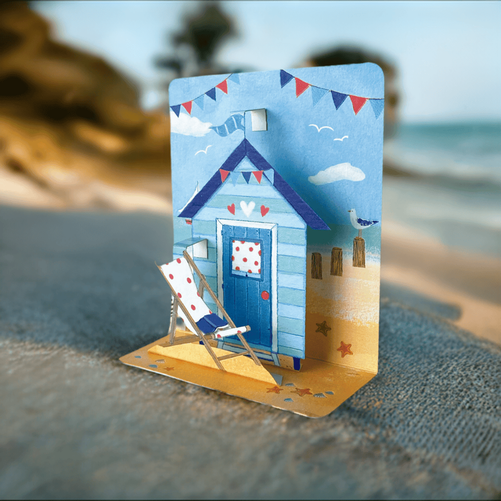 Pictura house on beach small pop-up card featuring a detailed seaside house scene with ocean and sand elements.