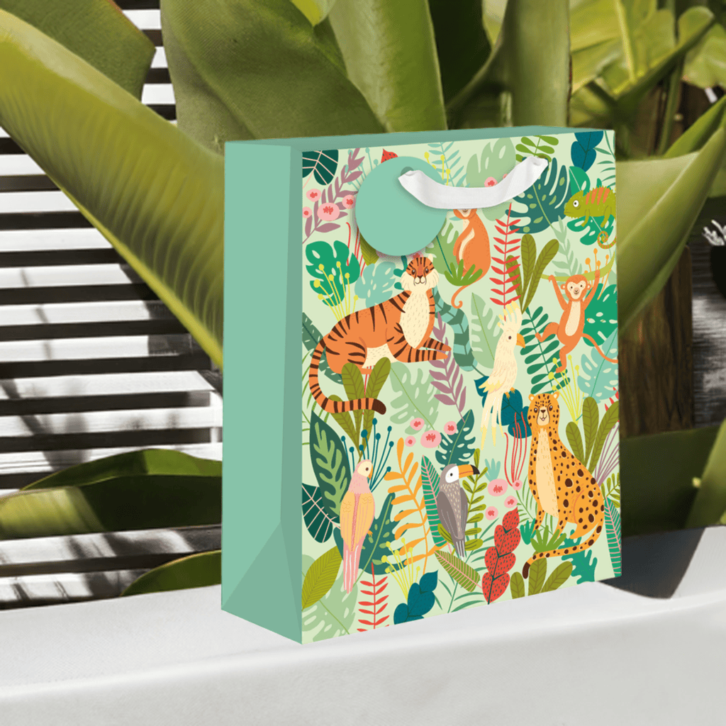 Pictura Jungle-themed gift bags featuring vibrant jungle animal illustrations for special occasions.