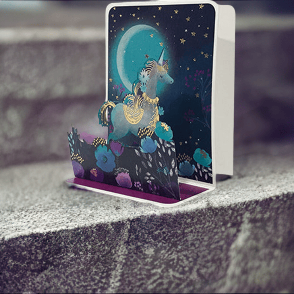 Colorful unicorn pop-up card by Pictura featuring a detailed, vibrant unicorn design that stands upright when opened.