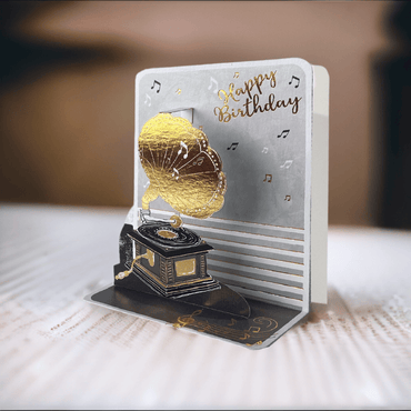 Pictura small gramophone pop-up card featuring a vintage-style phonograph design, intricate paper craftsmanship, and vibrant colors.