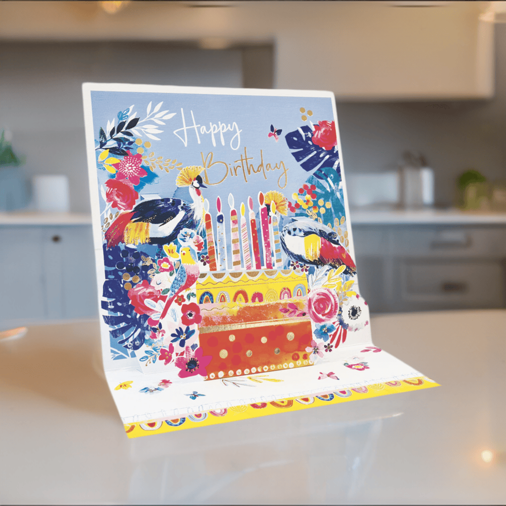 Colorful Cake & Peacocks large pop-up card by Pictura, featuring vibrant peacocks and a detailed cake design.