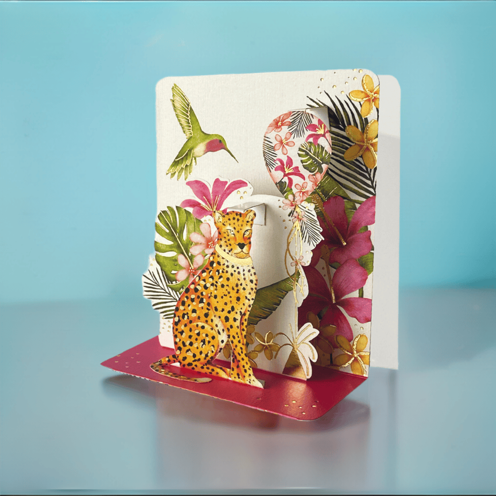 Leopard small pop-up card by Pictura featuring a detailed leopard illustration that stands out when opened.