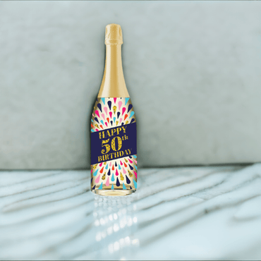 Pictura 50th Color Burst Birthday Champagne Sound Card featuring vibrant colors and a celebratory champagne graphic