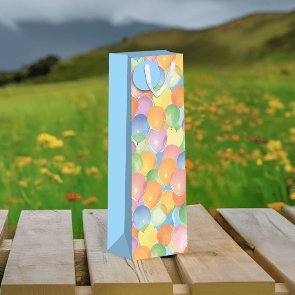 AB PICTURA bottle gift bags featuring colorful balloon designs, perfect for wrapping bottles for celebrations and special occasions.