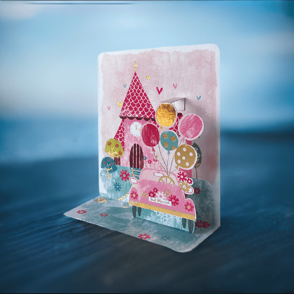 Pictura Car & Castle Pop-up Small card with colorful 3D car and castle designs on white background.