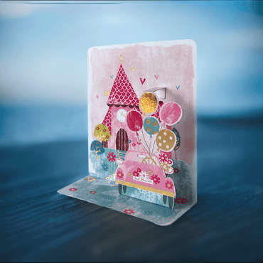 Pictura Car & Castle Pop-up Small card with colorful 3D car and castle designs on white background.