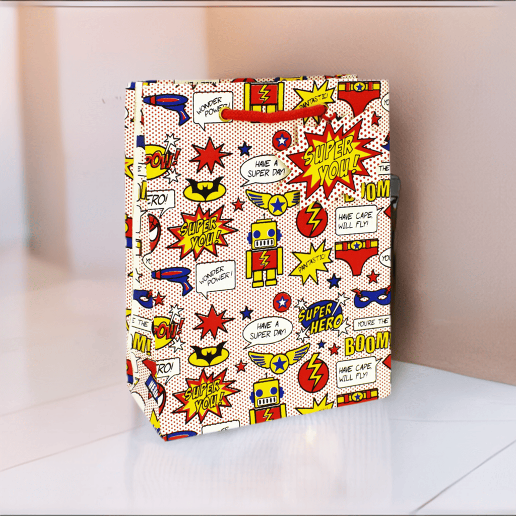 Colorful Super Hero Med Bag gift bag by Love Vivid, featuring cartoon hero designs, perfect for gift packaging.