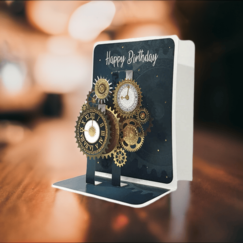 Pictura small pop-up clock card with intricate paper design, showcasing a detailed clock face on a foldable greeting card.
