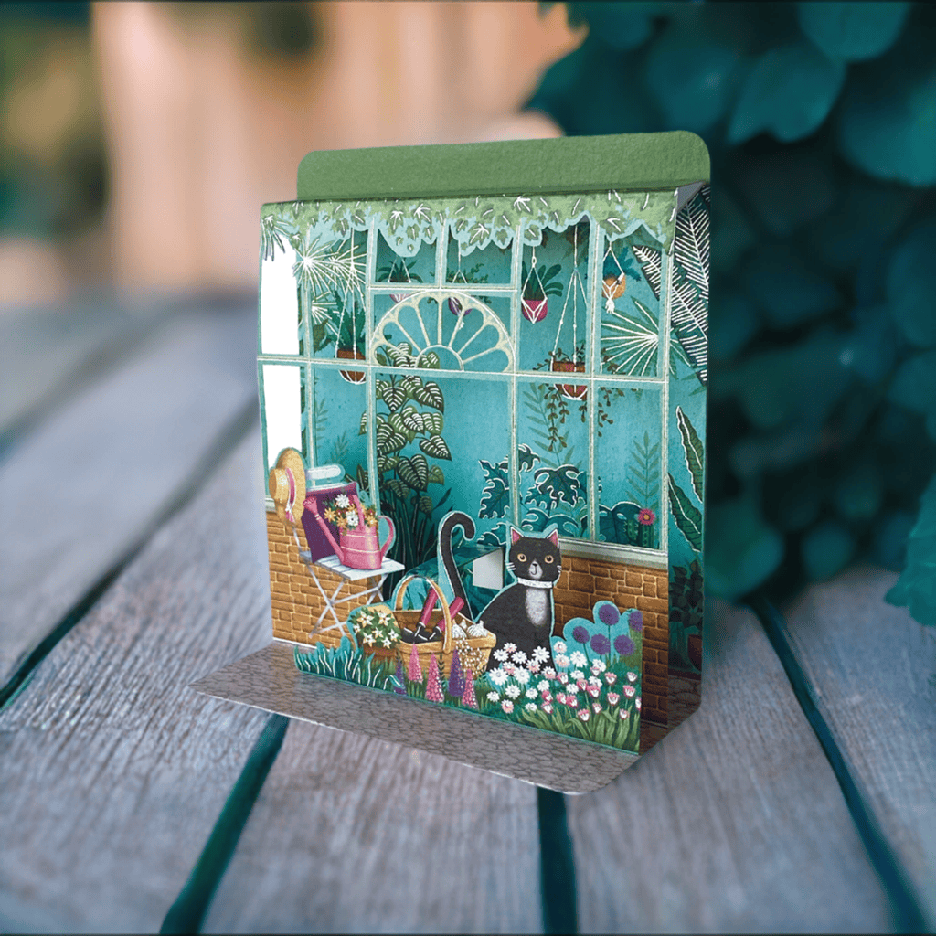 Pictura Cat in Garden small pop-up card featuring a colorful feline surrounded by garden flowers and greenery.