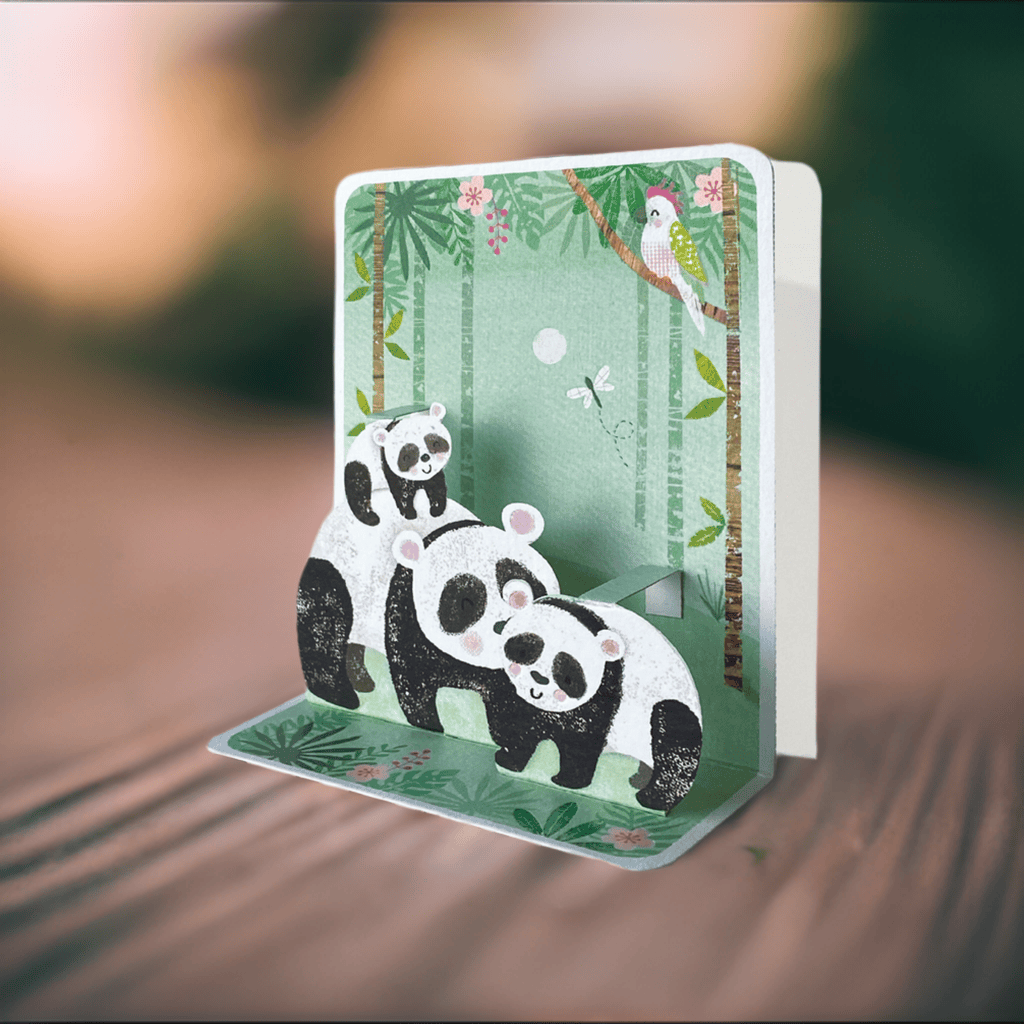 Pictura pandas small pop-up card featuring a colorful 3D panda design on white card stock.