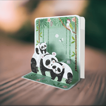Pictura pandas small pop-up card featuring a colorful 3D panda design on white card stock.