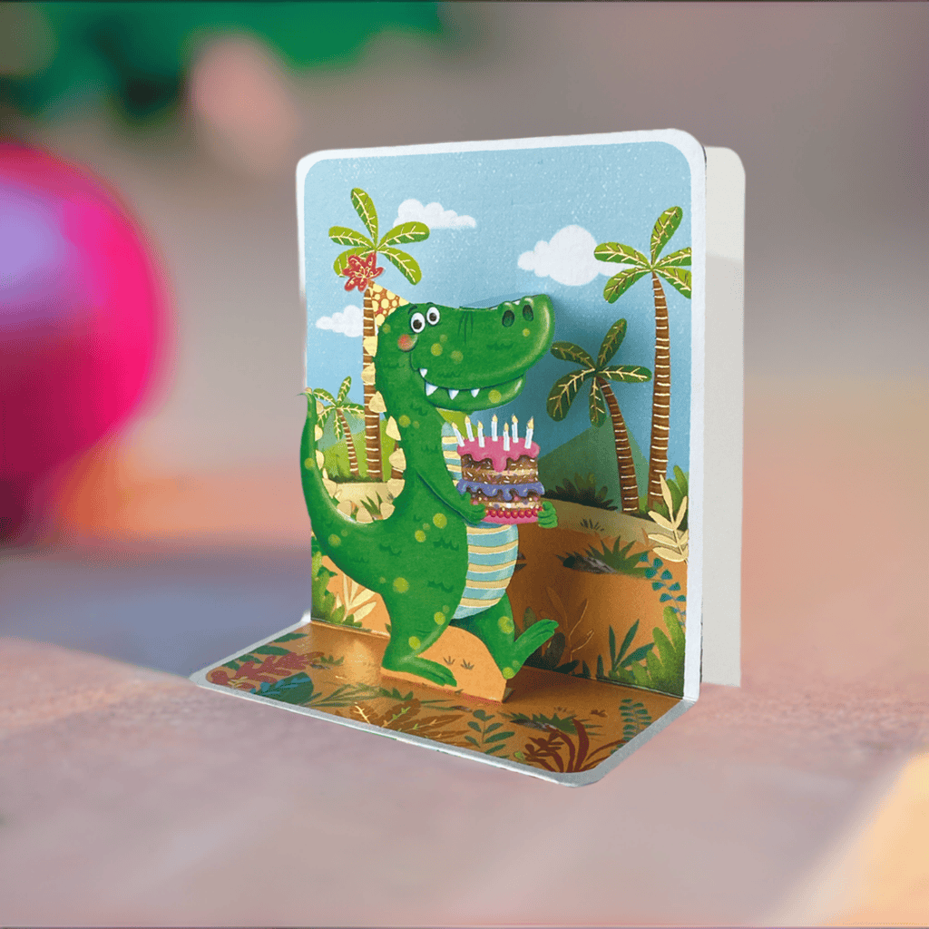 Colorful Dinosaur Small Pop-up Card by Pictura featuring a 3D dinosaur illustration and intricate design.