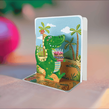 Colorful Dinosaur Small Pop-up Card by Pictura featuring a 3D dinosaur illustration and intricate design.