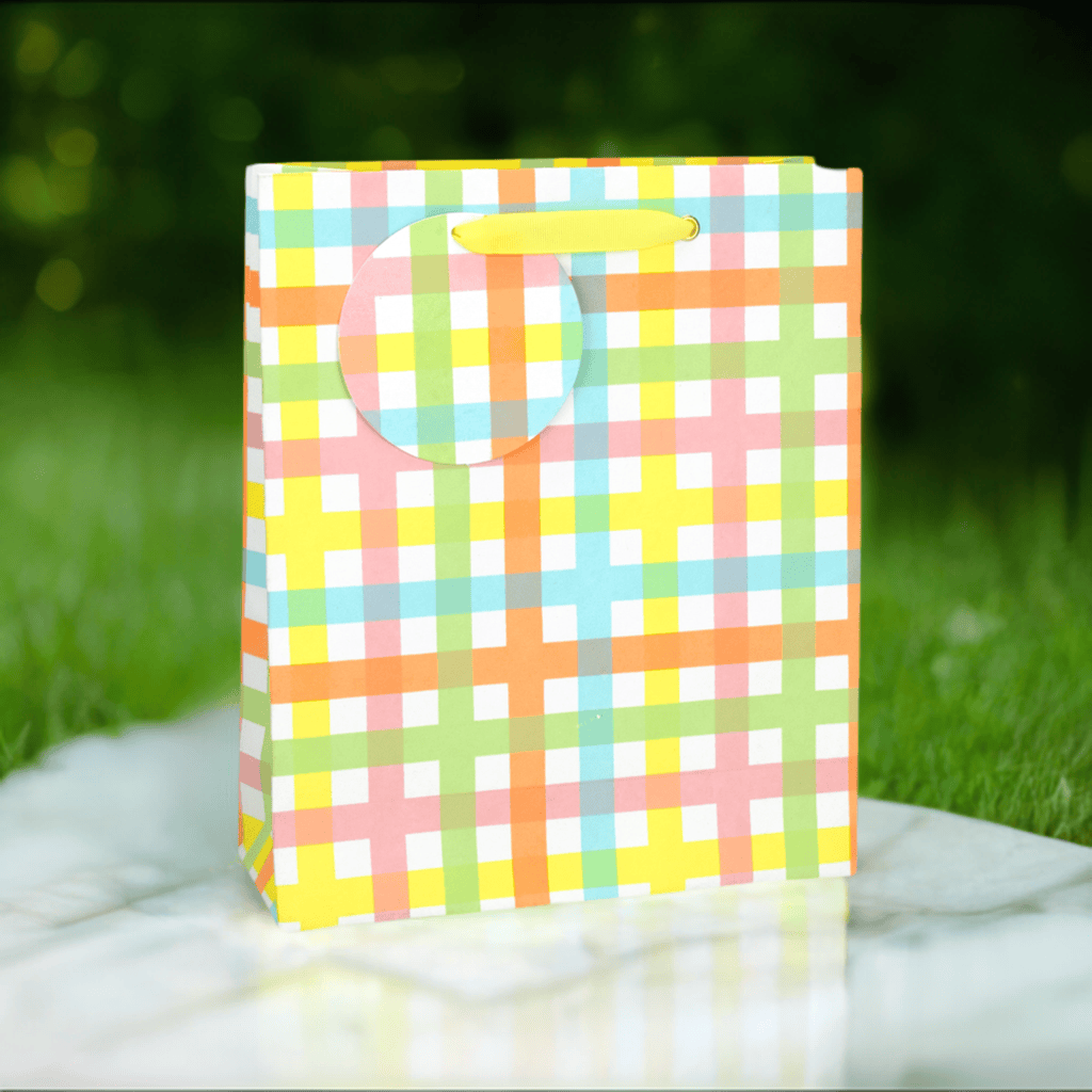 Love Vivid Spring Check Large Gift Bag with floral pattern and sturdy handles for special occasions.