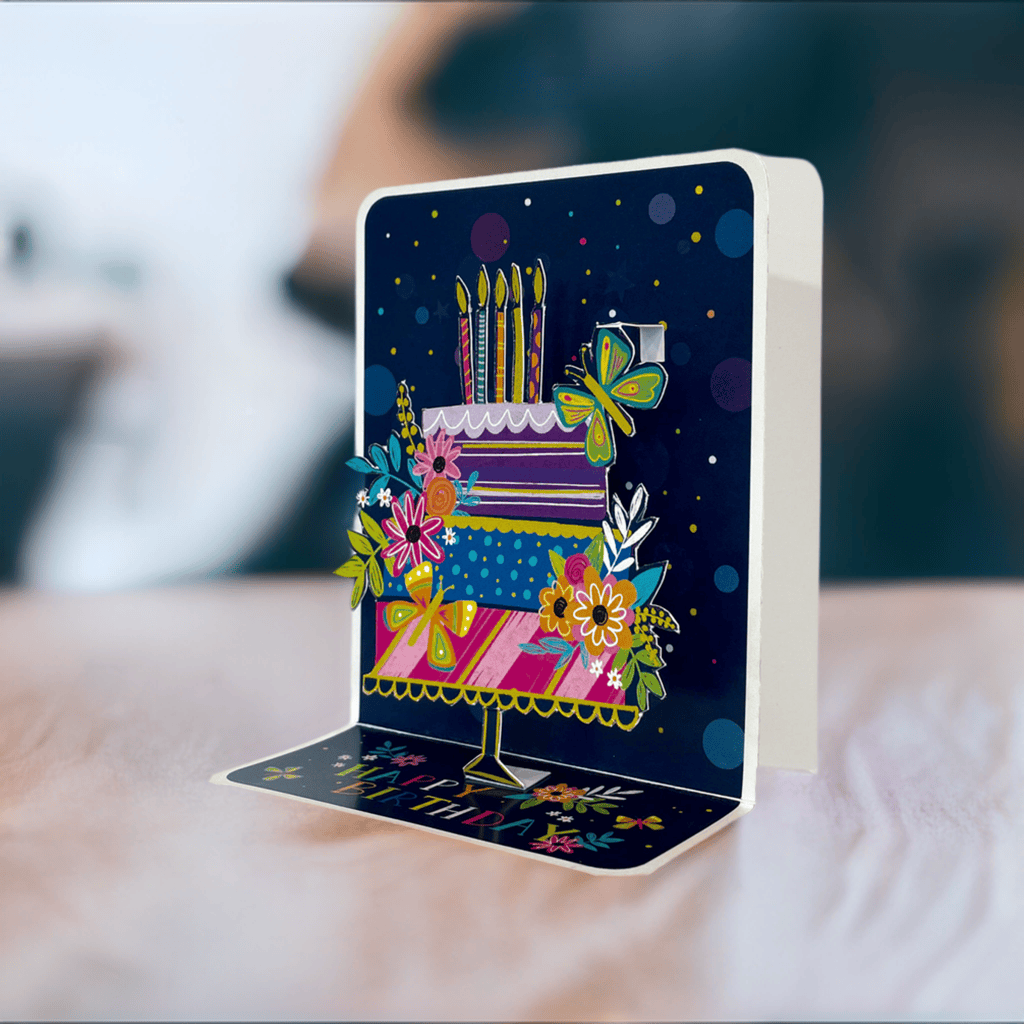 Colorful Neon Cake Small Pop Up Card by Pictura, featuring vibrant, detailed paper pop-up design for special occasions.