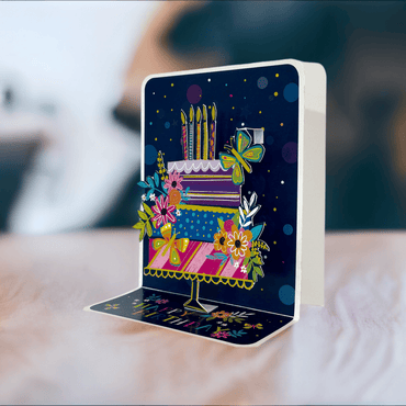 Colorful Neon Cake Small Pop Up Card by Pictura, featuring vibrant, detailed paper pop-up design for special occasions.