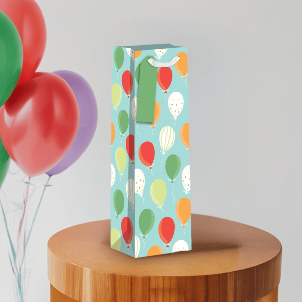 AB PICTURA bottle gift bags featuring colorful balloon designs, perfect for wrapping bottles for celebrations.