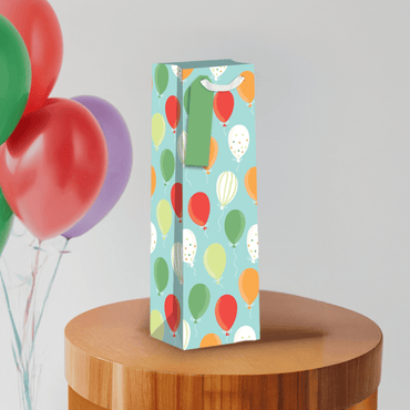 AB PICTURA bottle gift bags featuring colorful balloon designs, perfect for wrapping bottles for celebrations.