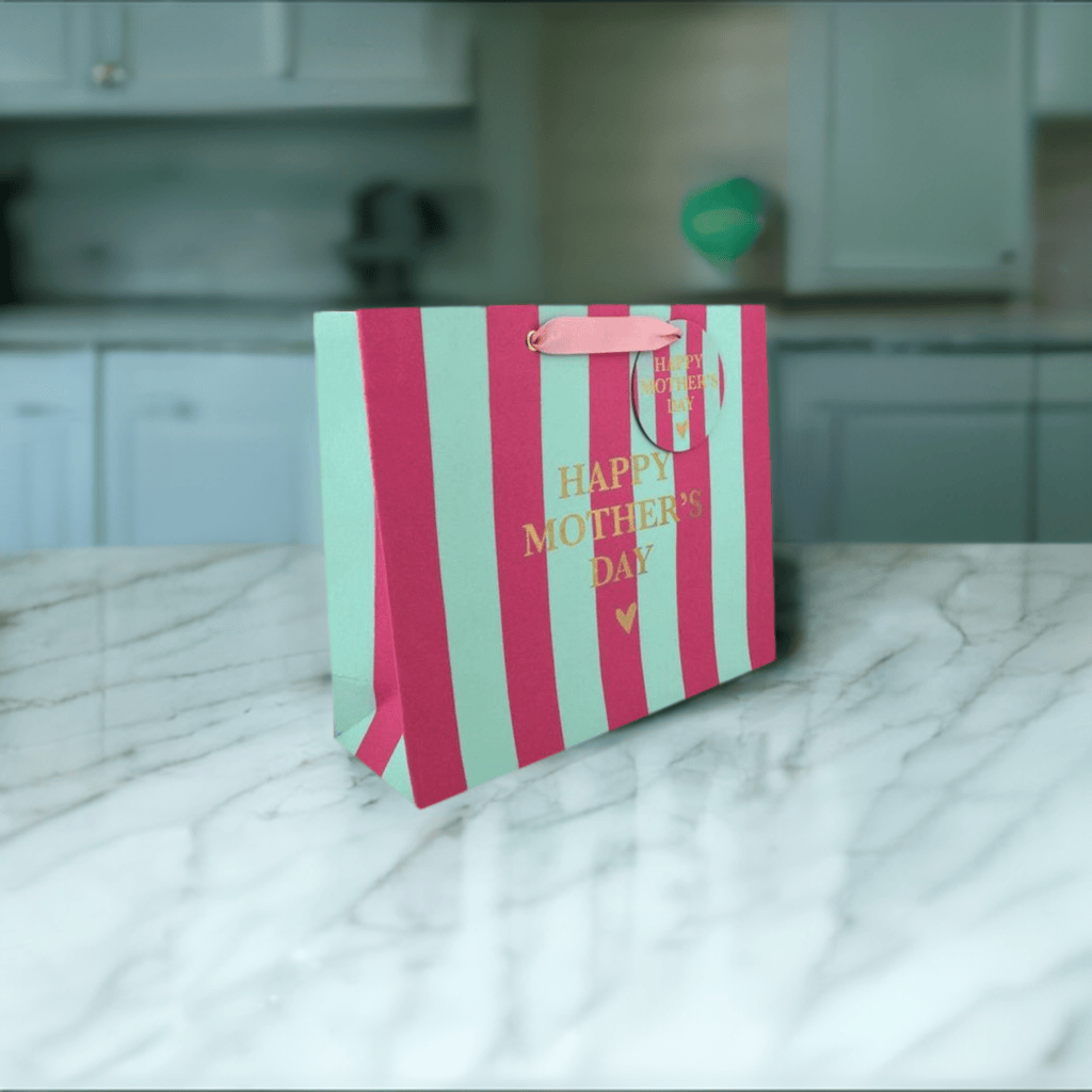 Large Love Vivid Mother's Day striped gift bag with floral and heart patterns, perfect for special occasion gift wrapping.