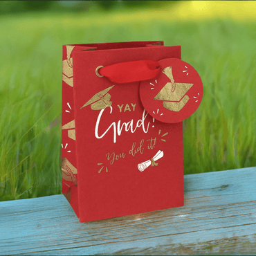 Love Vivid Yay Grad small gift bag with colorful graduation cap design and celebratory message for graduation gifts.