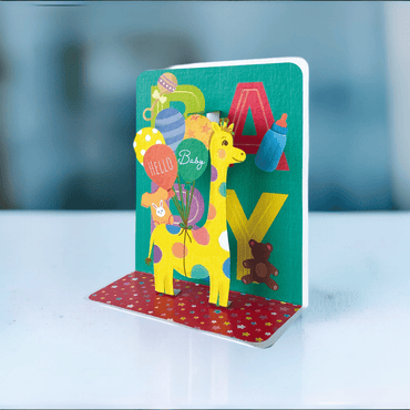 Hello Baby small pop-up card by Pictura, featuring a detailed 3D baby-themed design on a white background.