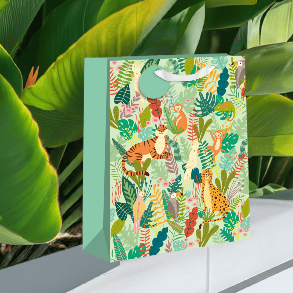 Large Pictura Jungle Gift Bag with vibrant jungle animal and plant illustrations for festive gift wrapping.