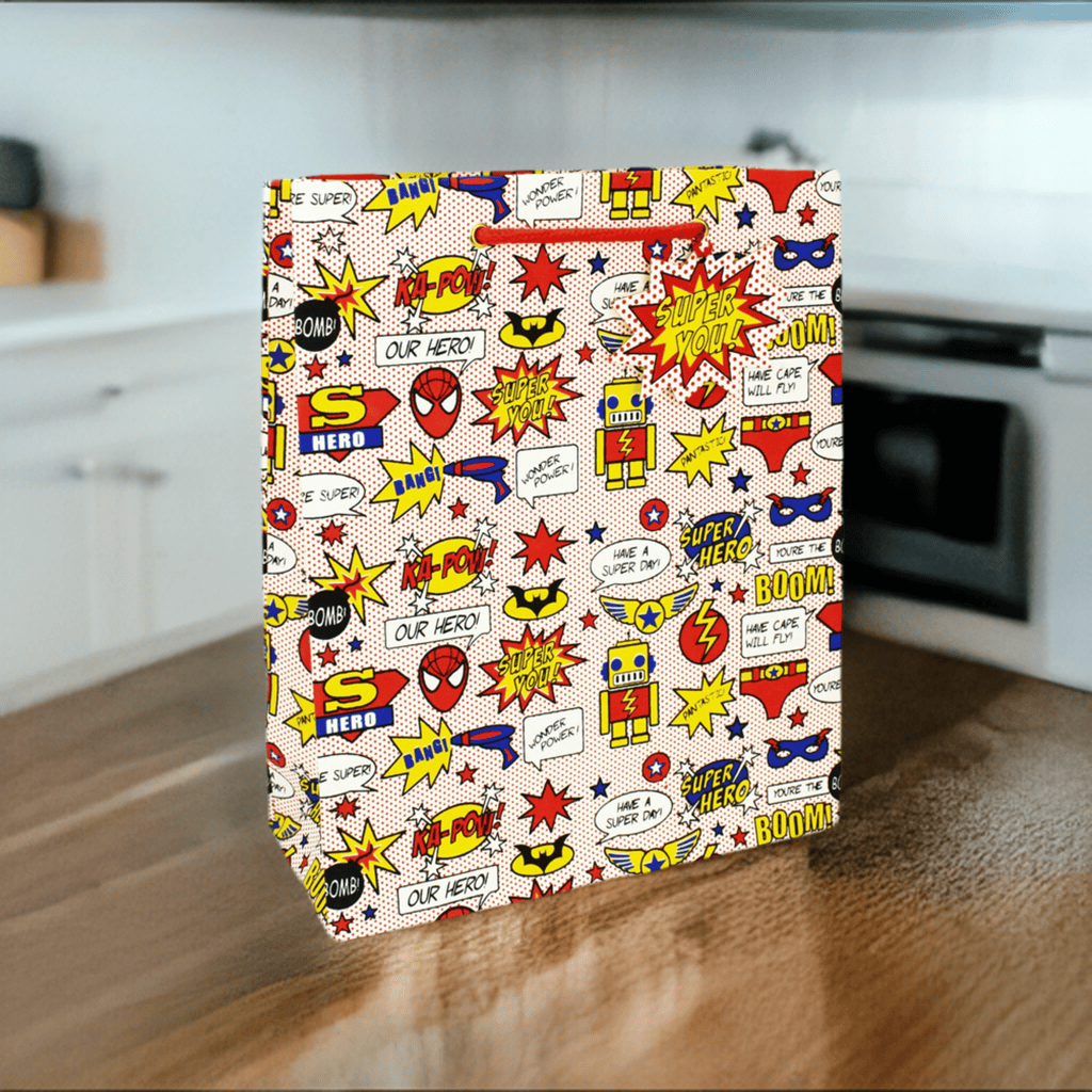 Large gift bag featuring a superhero design from Love Vivid, perfect for special occasions and party favors.