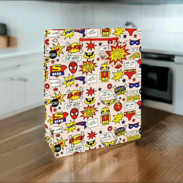 Large gift bag featuring a superhero design from Love Vivid, perfect for special occasions and party favors.