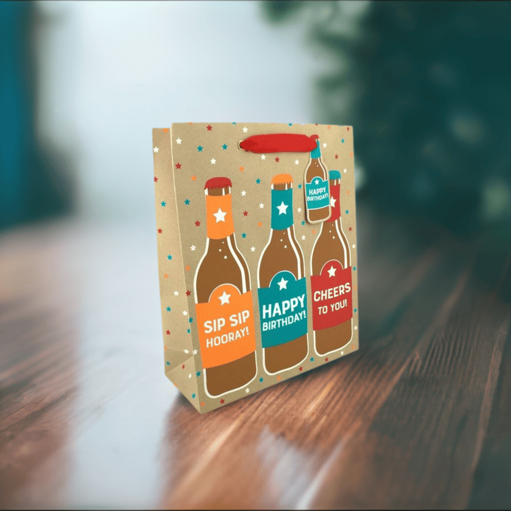 Large birthday beer gift bag by Love Vivid featuring colorful birthday-themed designs and sturdy handles for easy carrying.
