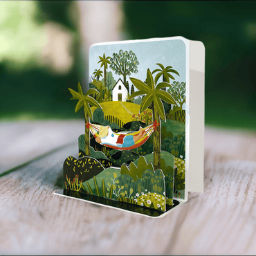 Small Pictura hammock pop-up card featuring a colorful, detailed paper hammock scene in a festive design.
