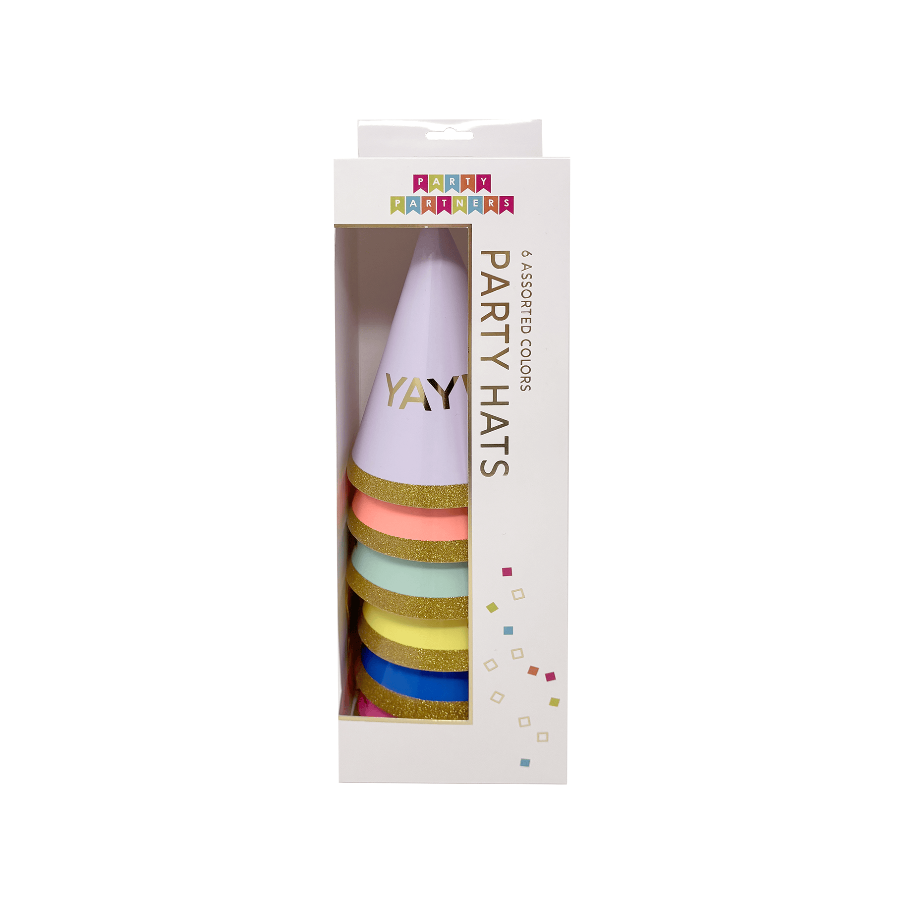 Colorful YAY! party hats by Party Partners, festive cone-shaped hats with fun designs for celebrations and parties.