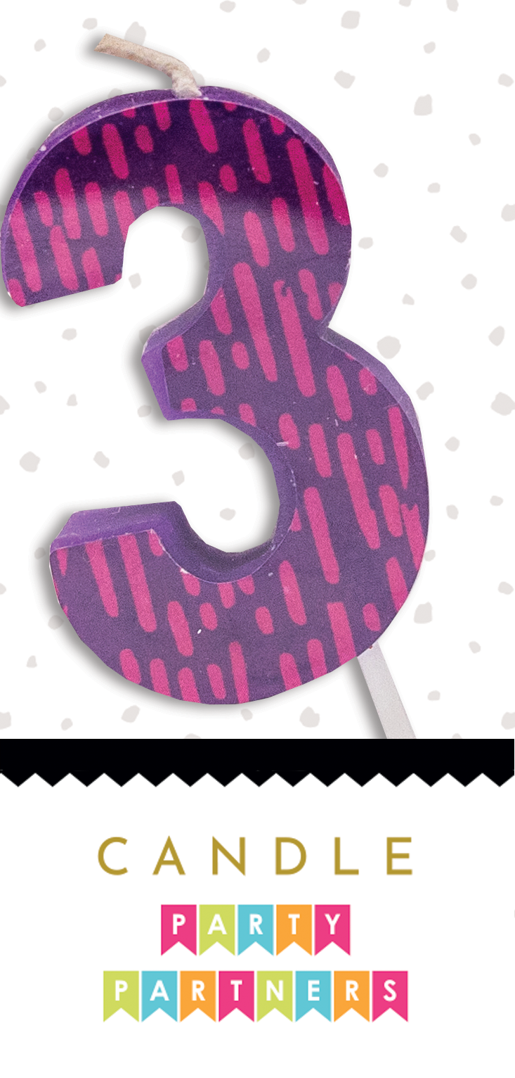 Number 3 decal candle by Party Partners, a decorative candle with a bold number 3 decal on a white wax base.
