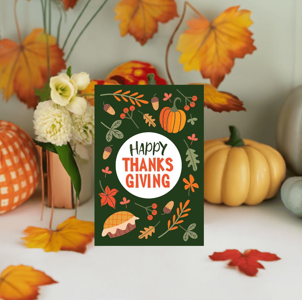 Pictura Happy Thanksgiving card featuring festive autumn leaves and a warm greeting for the holiday celebration.