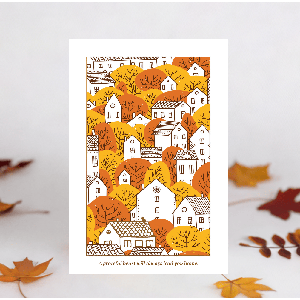 Pictura Autumn Village Thanksgiving card featuring fall colors, cozy village scene, and festive holiday design.