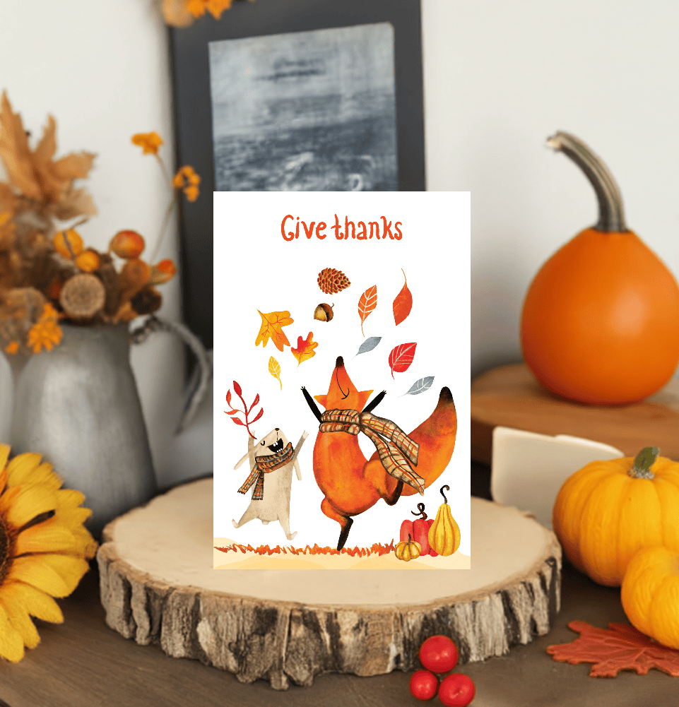 Pictura Woodland Buddies Thanksgiving card featuring festive woodland animals and autumn leaves for holiday greetings.