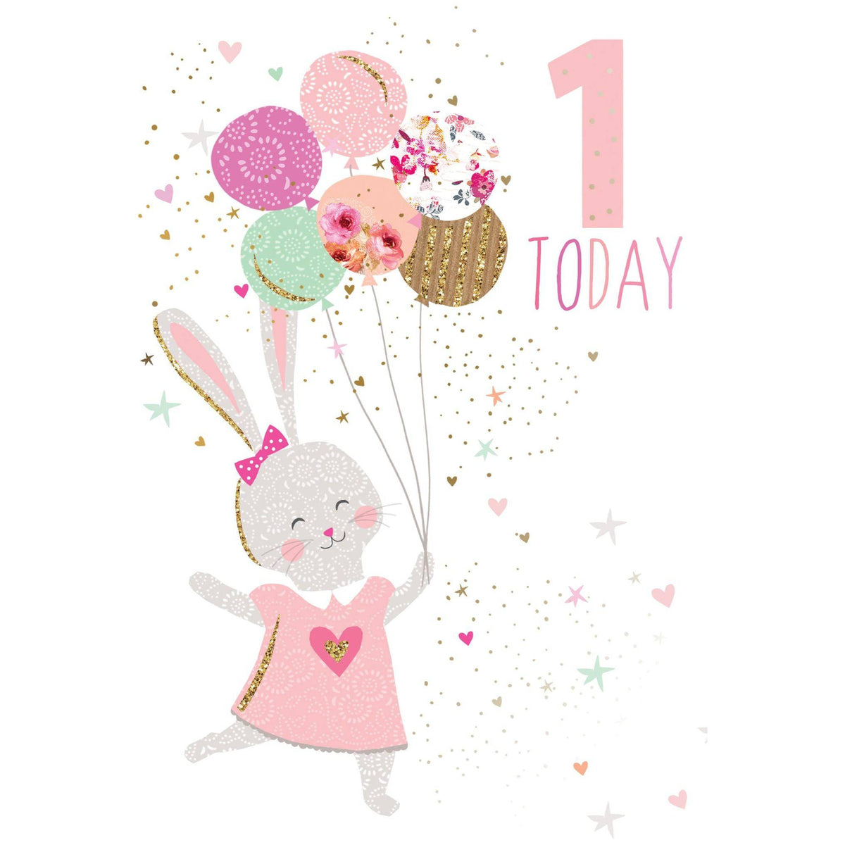Pictura Sara Miller Rabbit 1st Birthday Card with colorful floral design, perfect for celebrating a young child's birthday.