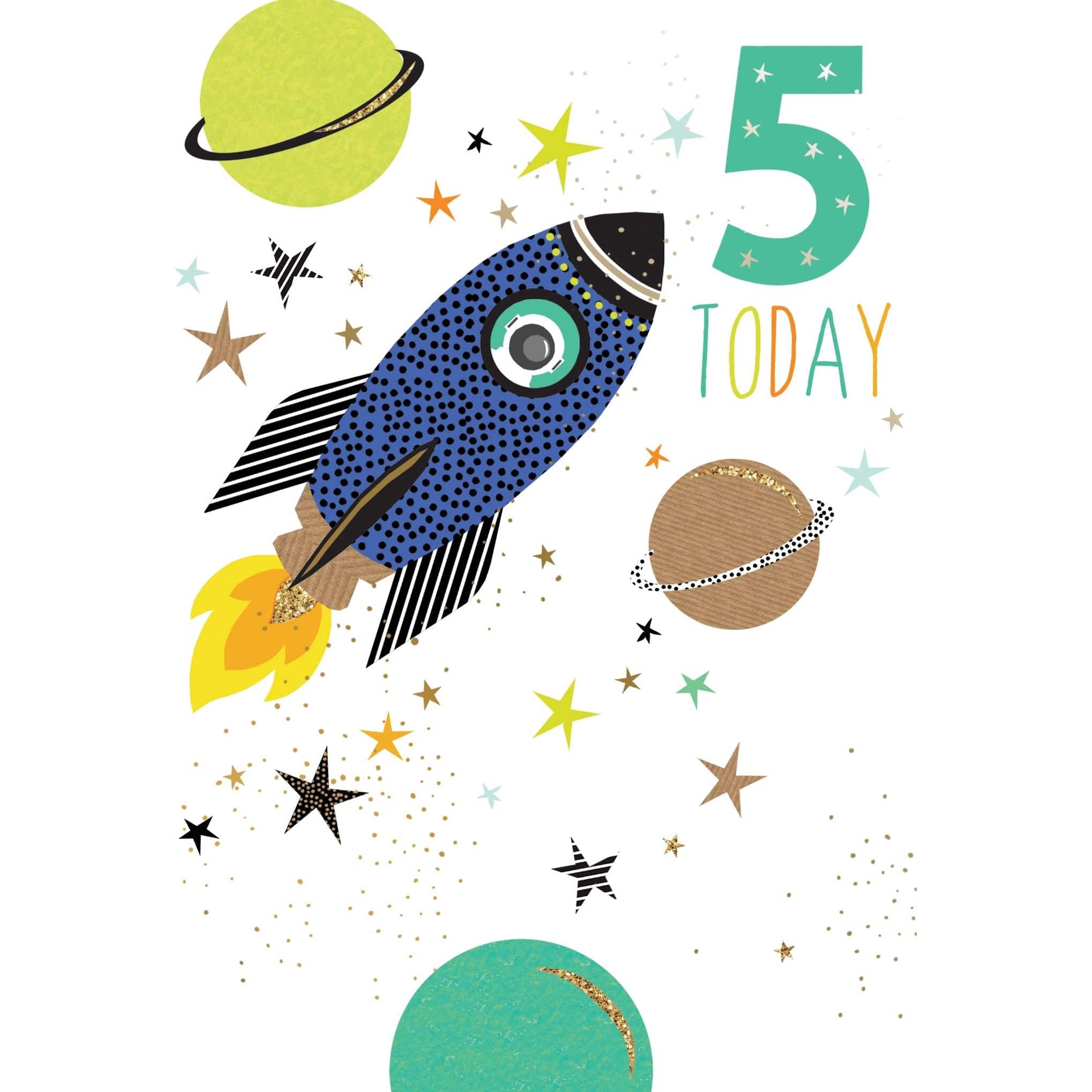 Sara Miller 5th Space Birthday Card from Pictura, featuring colorful space-themed design with planets and stars.
