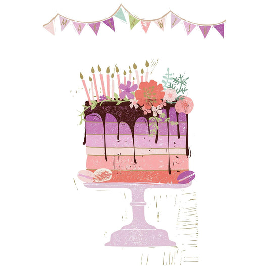 Pictura birthday cake and banners birthday card with colorful cake illustration and festive banner design on white background