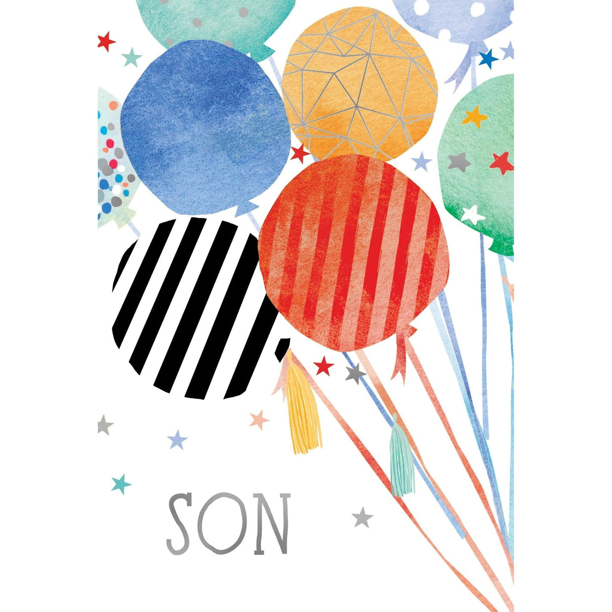 Pictura birthday card featuring balloons and stars design for son, with colorful illustrations and festive theme.