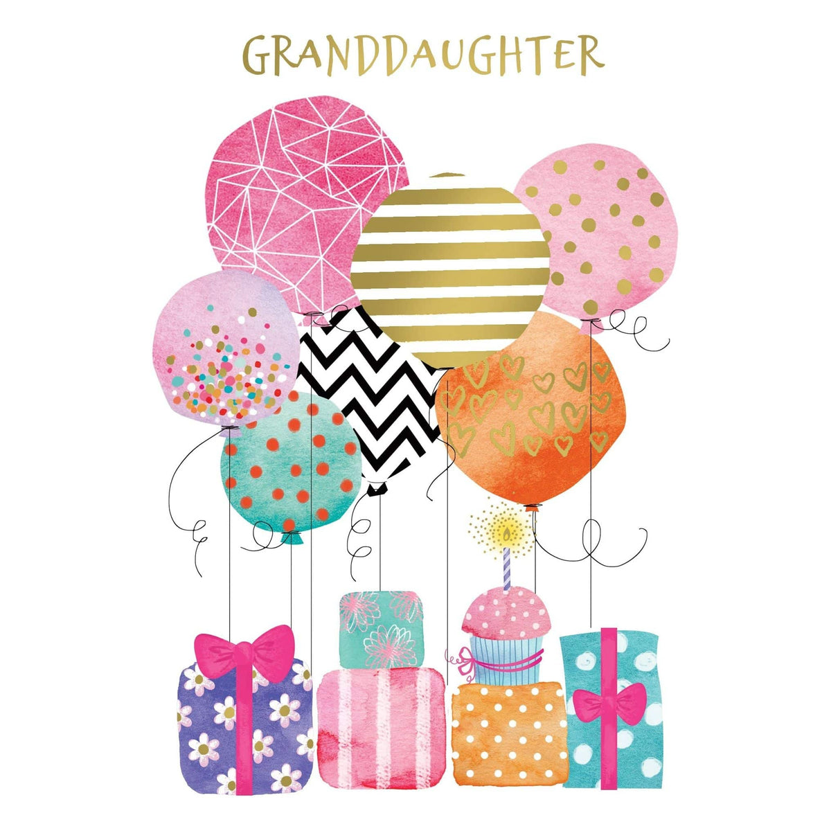 Colorful balloons and gifts birthday card for granddaughter by Pictura, featuring cheerful illustrations for special celebrations.