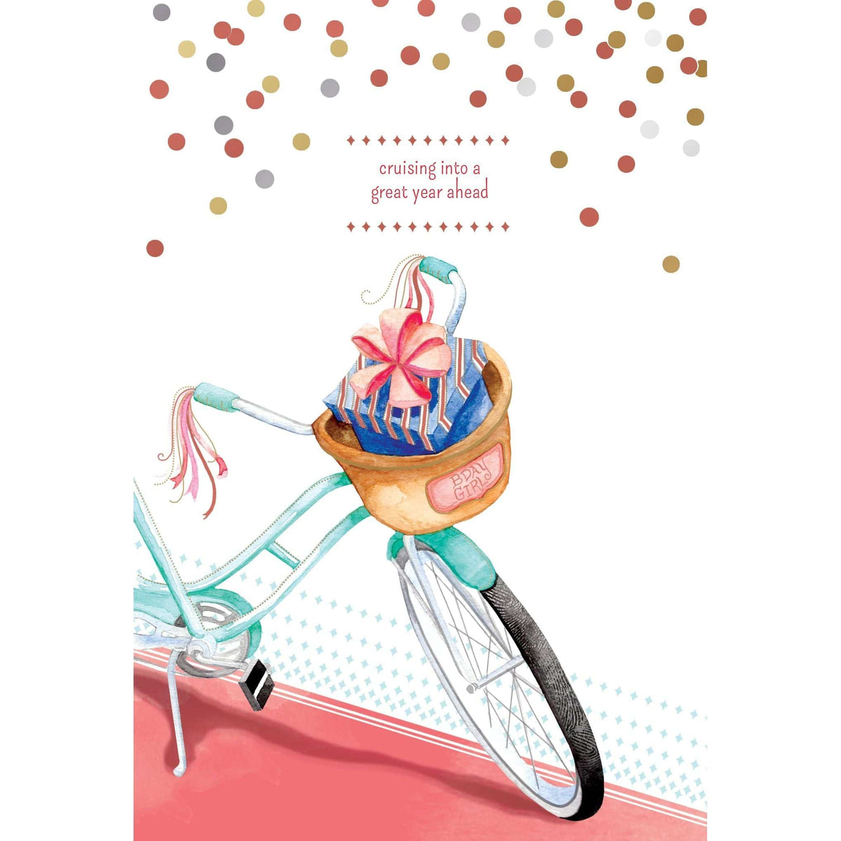 Pictura birthday card featuring a bicycle with a gift in a basket, suitable for everyday occasions, with colorful floral design.