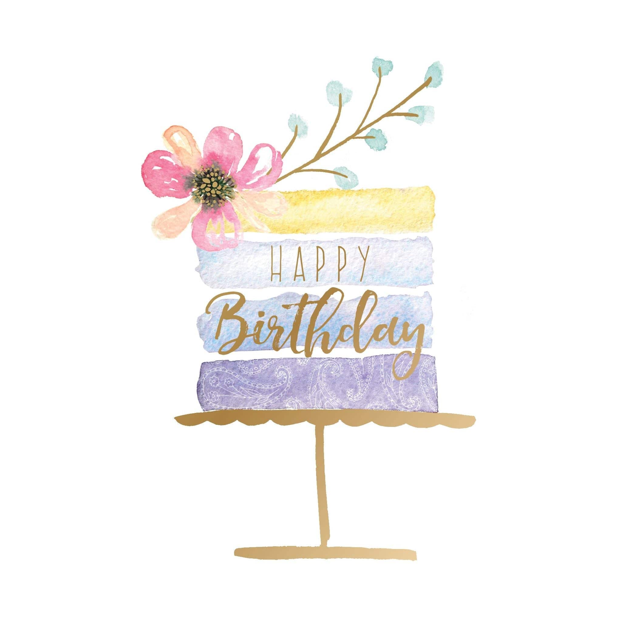 Watercolor striped cake birthday card from Pictura featuring colorful hand-painted cake and vibrant stripes, perfect for celebrating.