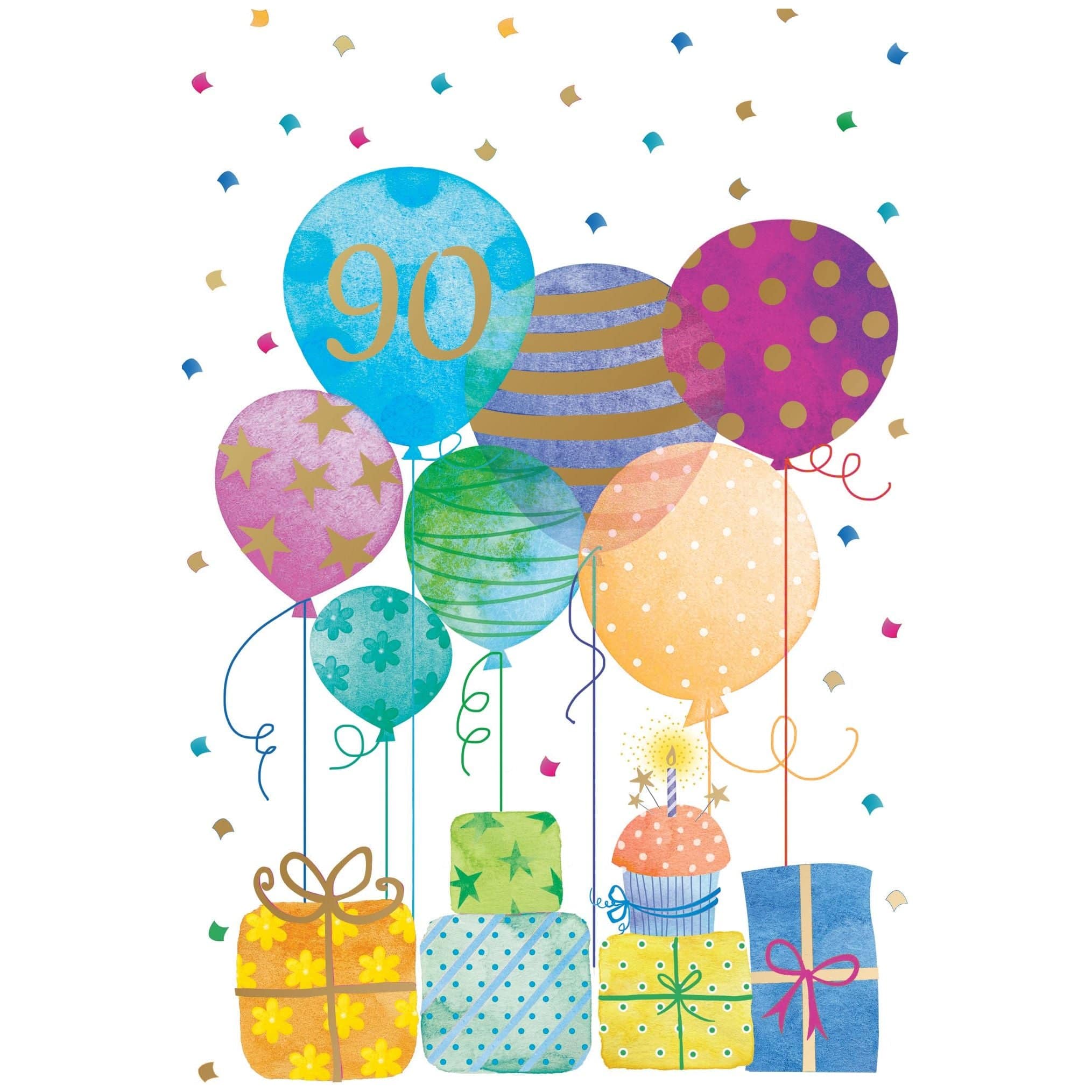 Colorful birthday card featuring 90th balloons and presents design by Pictura from the Everyday Cards collection.