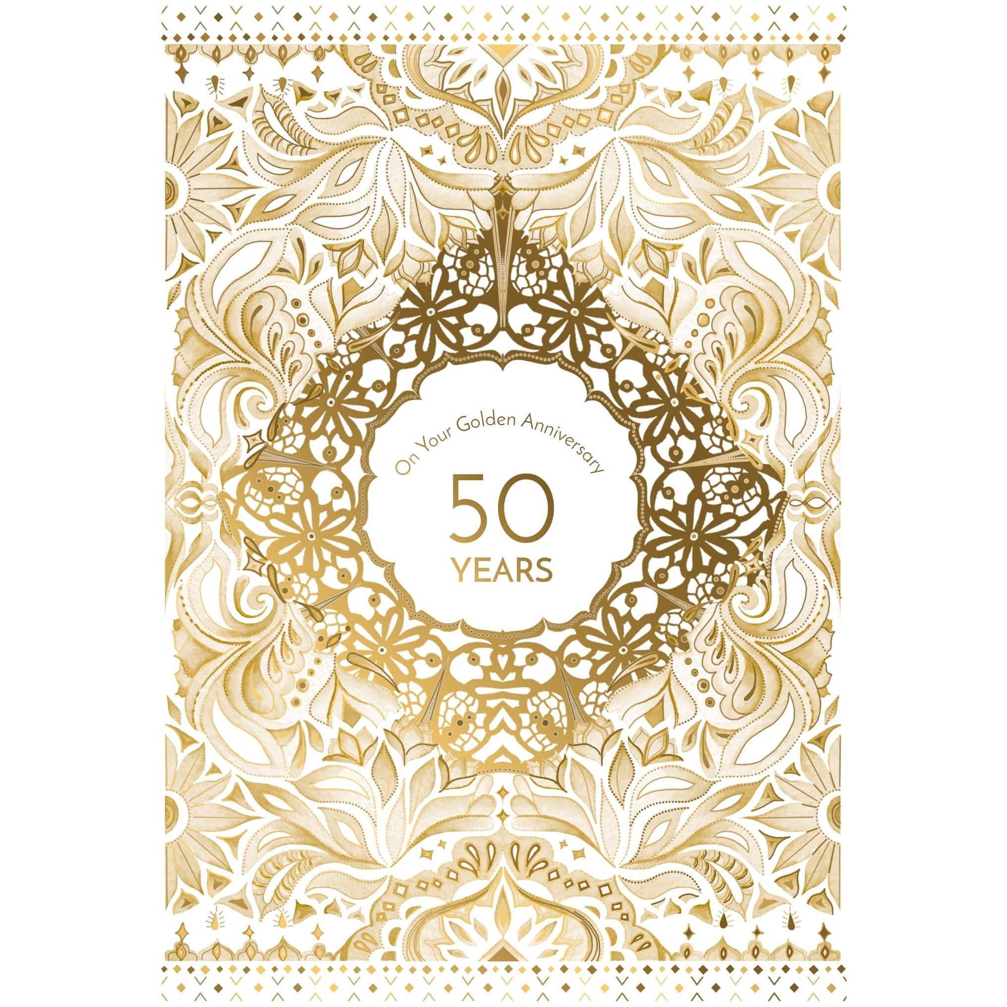 Golden filigree design 50th anniversary card by Pictura featuring elegant decorative details for special celebration occasions.