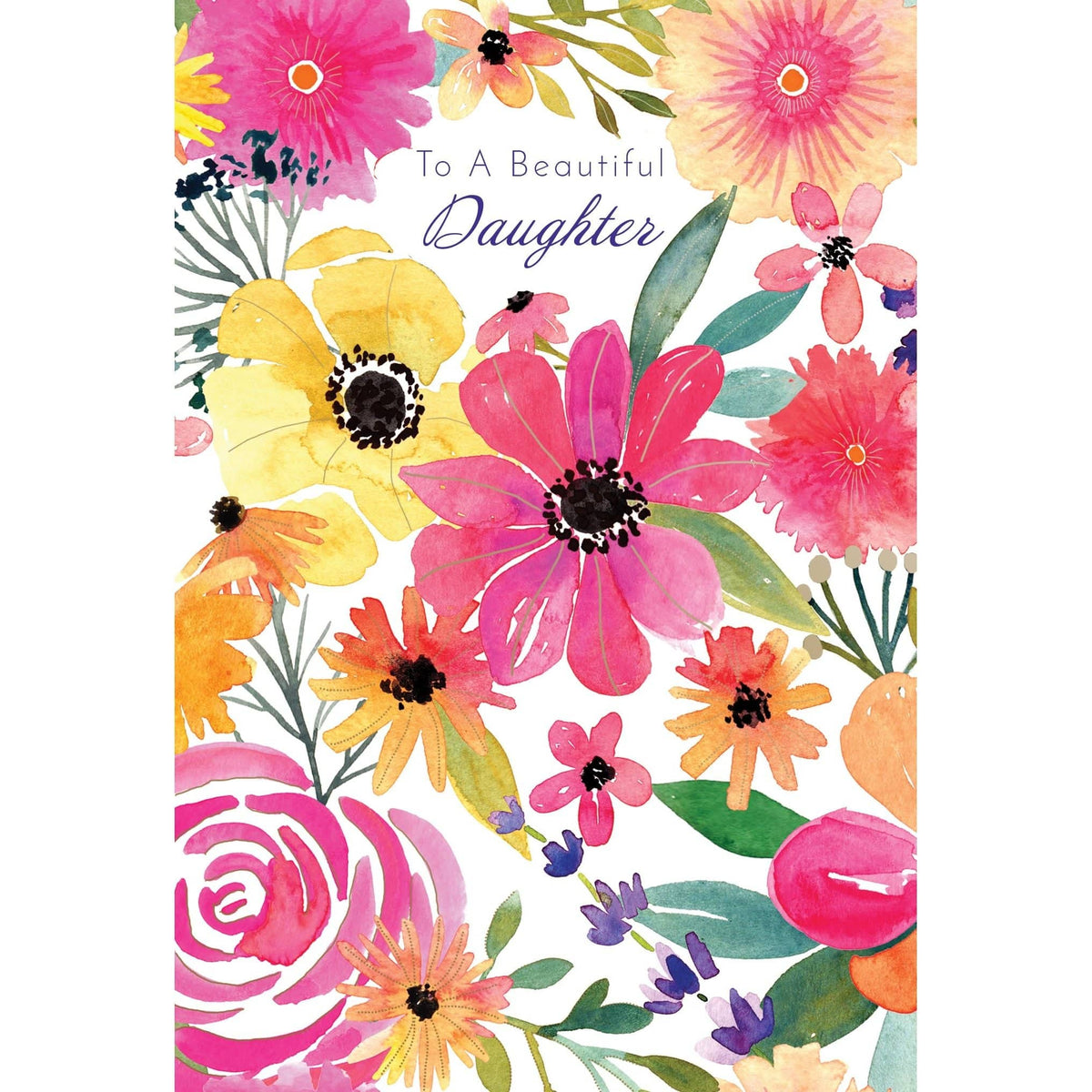 Pink and yellow floral birthday card for daughter from Pictura, featuring colorful flower illustrations on an everyday card.