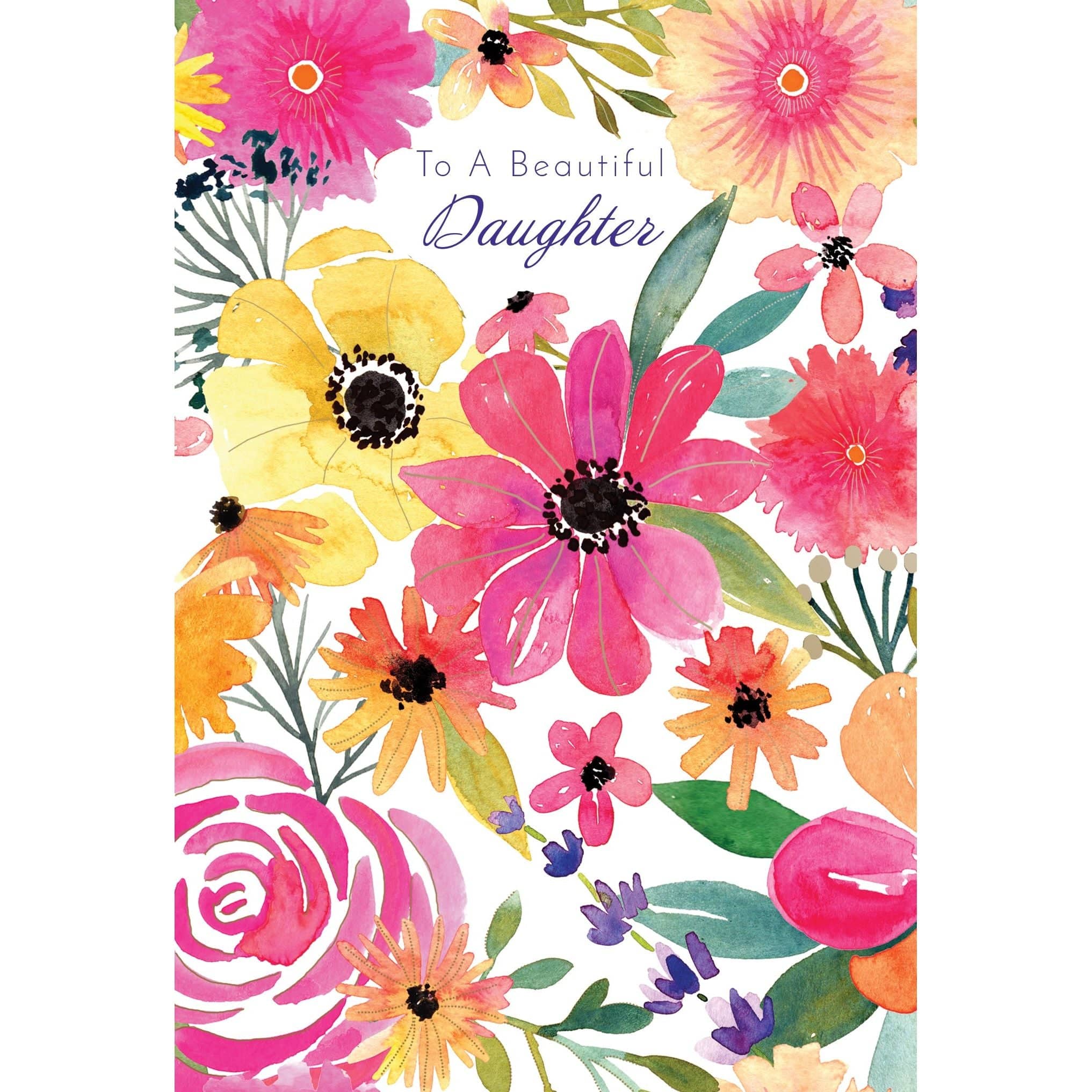 Pink and yellow floral birthday card for daughter from Pictura, featuring colorful flower illustrations on an everyday card.